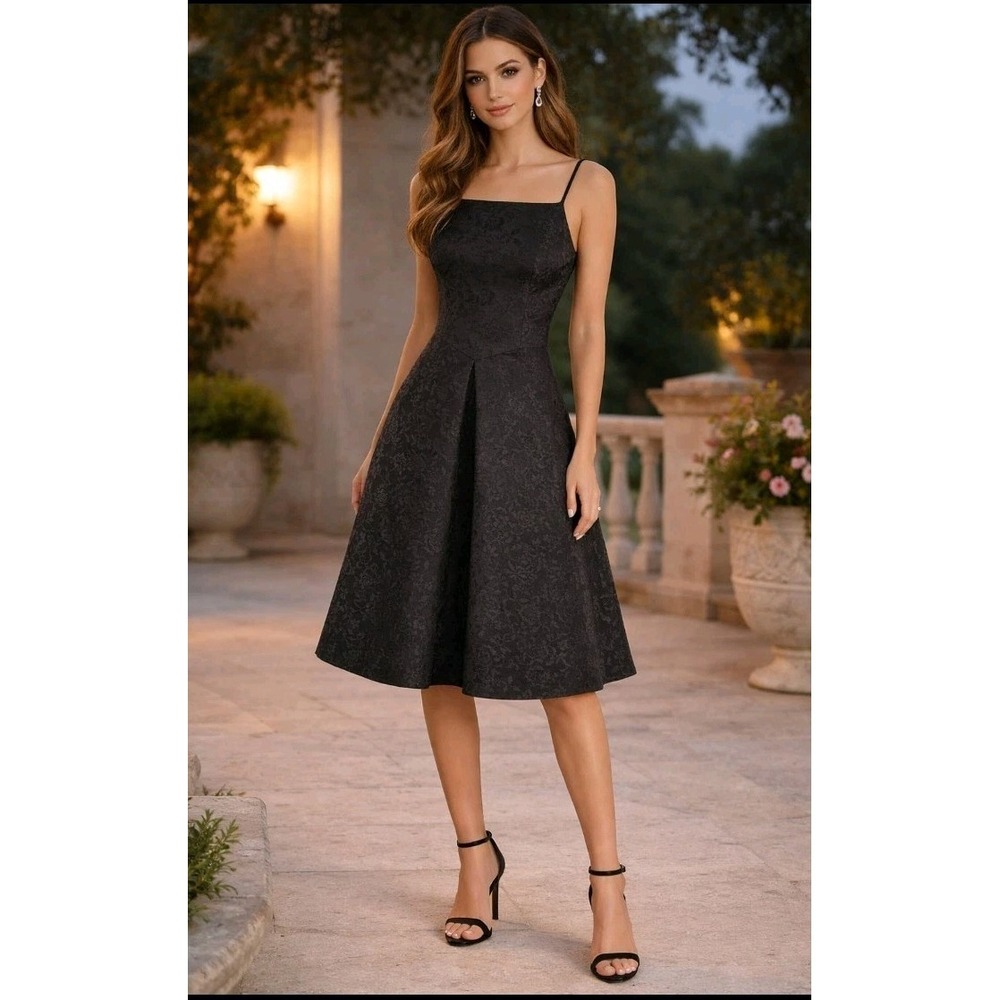 David Meister Black Jacquard Fit Flare Floral A-Line Cocktail Party Dress Size 2